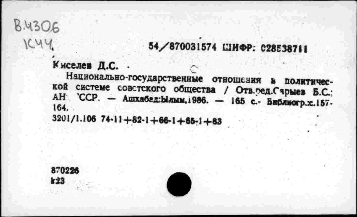 ﻿вчьод
54/870031574 ШИФР: 028538711
Киселев Д.С. •	~
Национально-государственные отношения в политически8 ™ме совстского общества / Отв.педГчрыев Б.С.-АН ССР. - АшхабглЫлымлЭвб. - 165 с.- Бжблвогр.х.157-
3201/1.106 74-11+82-1+66-1+65-1+83
870226 1г23